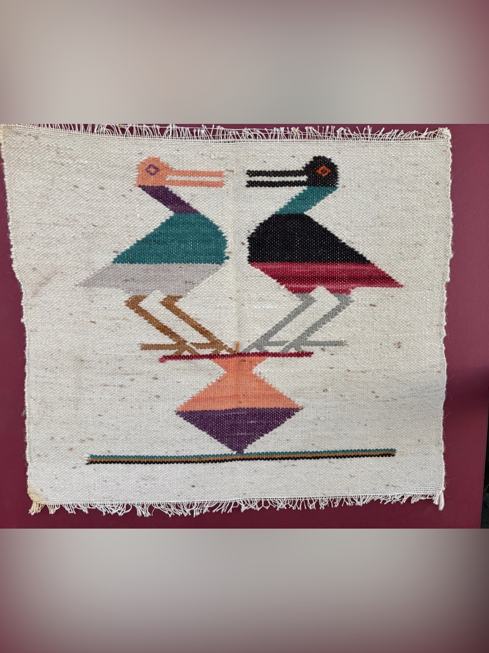South American 90's Imported Curassow Bird Tapestry Wall Hanging 16x15"